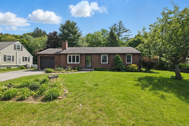 149 Edgewood Dr, Torrington, CT 06790 - ranch-style home featuring driveway, a garage, a front lawn, a chimney, and brick siding