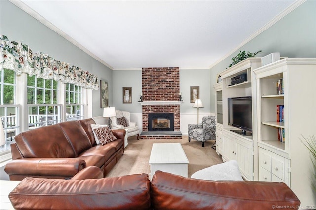 9 Rosick Rd, Wallingford, CT 06492 - living area with a fireplace, crown molding, and light colored carpet