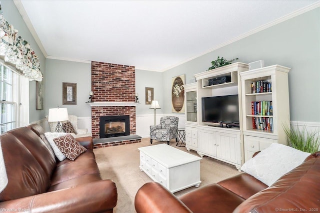 9 Rosick Rd, Wallingford, CT 06492 - living area with a brick fireplace, light carpet, and crown molding