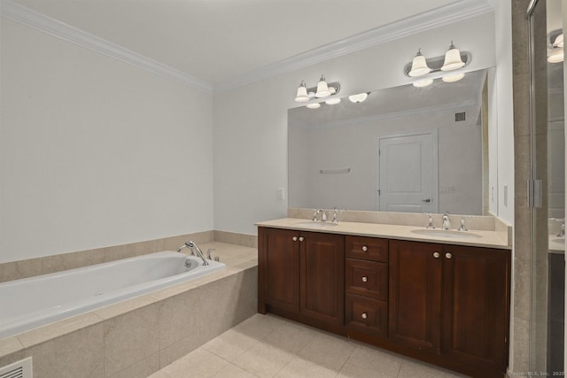 16 Hayestown Rd Unit C204, Danbury, CT 06811 - full bath featuring a bath, double vanity, crown molding, tile patterned floors, and a stall shower