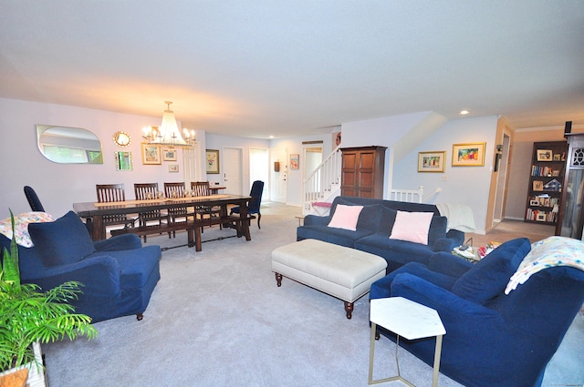 5 Spyglass Dr Unit 5, Avon, CT 06001 - living area featuring stairway, a chandelier, and light carpet