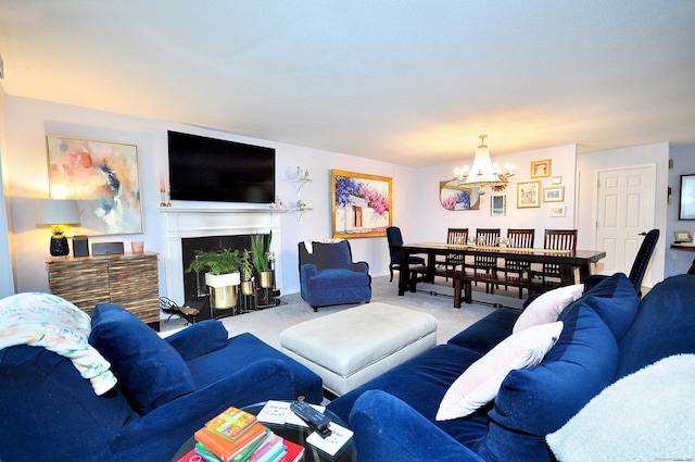 5 Spyglass Dr Unit 5, Avon, CT 06001 - living room with a chandelier, carpet, and a fireplace with flush hearth