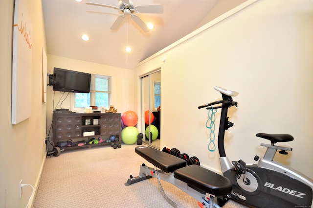 5 Spyglass Dr Unit 5, Avon, CT 06001 - exercise area featuring lofted ceiling, a ceiling fan, recessed lighting, carpet floors, and baseboards