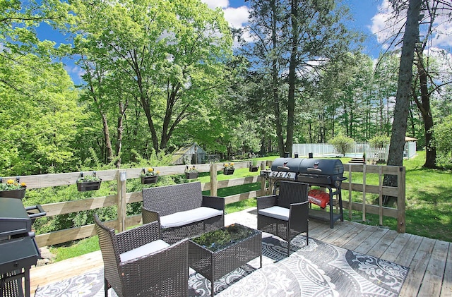 113 Codfish Hill Rd, Bethel, CT 06801 - wooden deck featuring a grill, a storage shed, an outdoor structure, an outdoor hangout area, and view of scattered trees