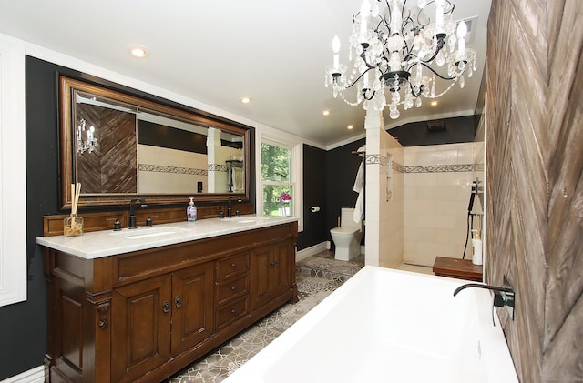 113 Codfish Hill Rd, Bethel, CT 06801 - bathroom featuring baseboards, toilet, recessed lighting, a tub to relax in, and double vanity