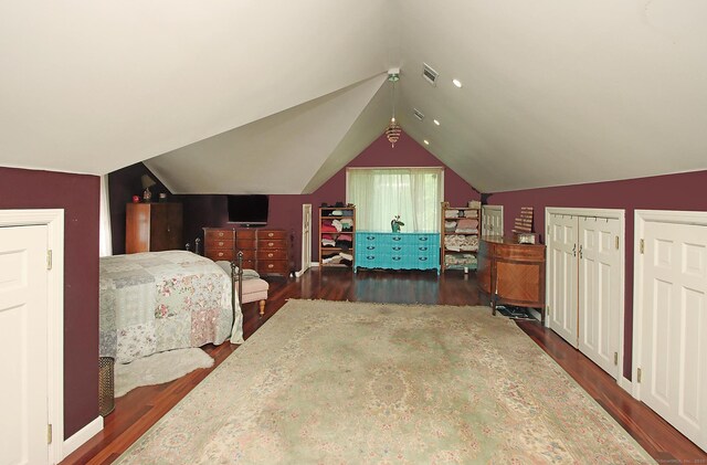 113 Codfish Hill Rd, Bethel, CT 06801 - bedroom featuring dark wood finished floors, lofted ceiling, and two closets