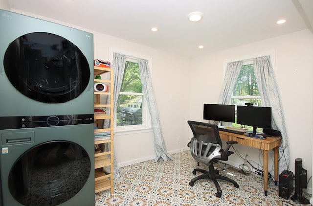 113 Codfish Hill Rd, Bethel, CT 06801 - office featuring stacked washing machine and dryer, healthy amount of natural light, baseboards, and recessed lighting