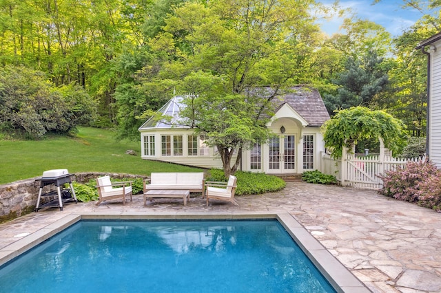 336 Old Branchville Rd, Ridgefield, CT 06877 - swimming pool featuring french doors, a storage structure, a patio area, an outdoor structure, and a gate