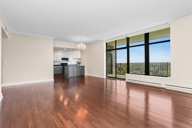 3200 Park Ave Unit 10A2, Bridgeport, CT 06604 - unfurnished living room with a chandelier, ornamental molding, dark wood finished floors, baseboards, and a baseboard heating unit