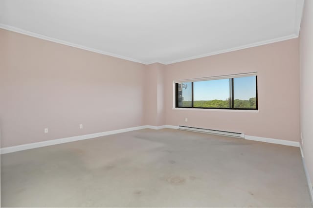 3200 Park Ave Unit 10A2, Bridgeport, CT 06604 - empty room with a baseboard heating unit, ornamental molding, carpet flooring, and baseboards