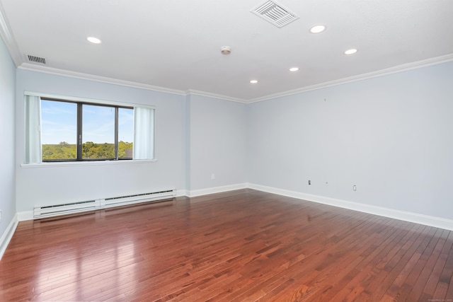 3200 Park Ave Unit 10A2, Bridgeport, CT 06604 - spare room featuring a baseboard radiator, wood-type flooring, ornamental molding, baseboards, and recessed lighting