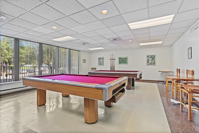 3200 Park Ave Unit 10A2, Bridgeport, CT 06604 - game room featuring billiards table, baseboards, a paneled ceiling, and a baseboard radiator