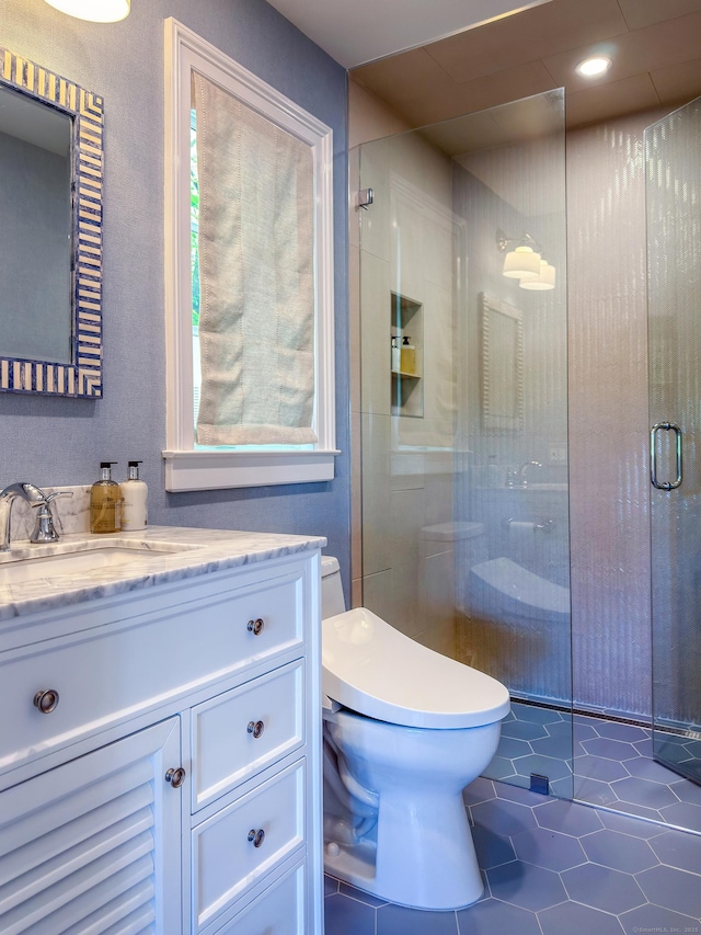 55 Lake Dr S, New Fairfield, CT 06812 - bathroom with tile patterned floors, a shower stall, toilet, and vanity