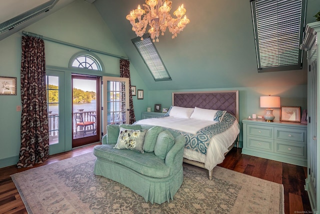 55 Lake Dr S, New Fairfield, CT 06812 - bedroom with access to exterior, a chandelier, dark wood finished floors, and high vaulted ceiling