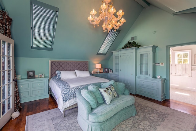 55 Lake Dr S, New Fairfield, CT 06812 - bedroom with dark wood finished floors, high vaulted ceiling, a chandelier, and beamed ceiling