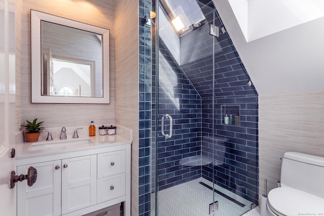 55 Lake Dr S, New Fairfield, CT 06812 - full bathroom featuring tile walls, vanity, a shower stall, and toilet