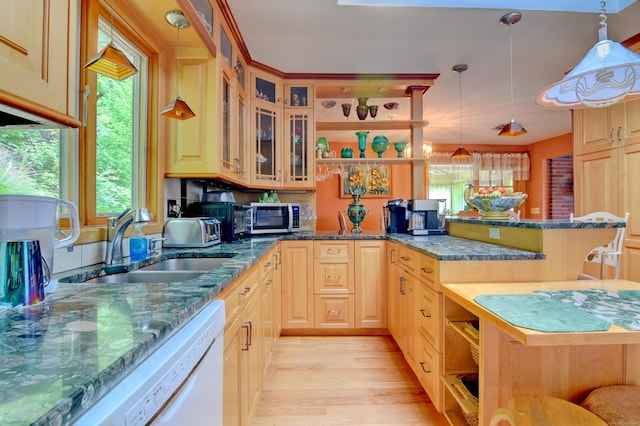 5 Yochers Ln, Derby, CT 06418 - kitchen with stainless steel microwave, a peninsula, a sink, light wood-type flooring, and open shelves