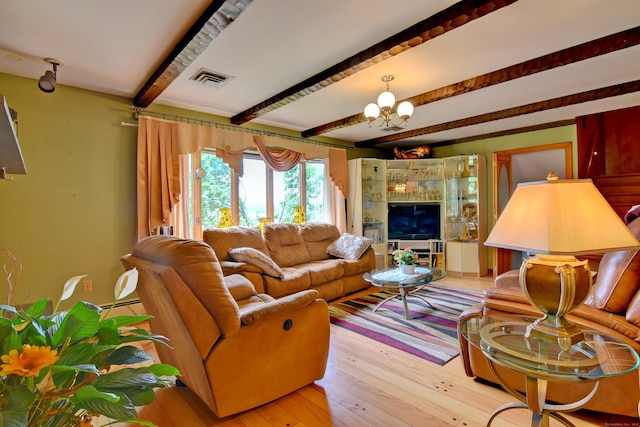 5 Yochers Ln, Derby, CT 06418 - living room with beam ceiling, a chandelier, hardwood / wood-style flooring, and baseboard heating