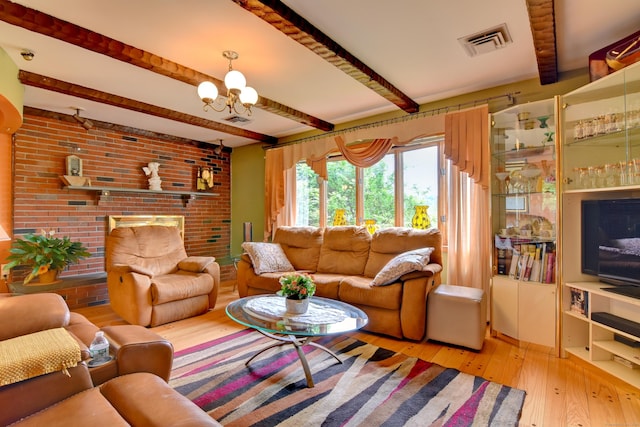 5 Yochers Ln, Derby, CT 06418 - living area with beamed ceiling, hardwood / wood-style flooring, and a chandelier
