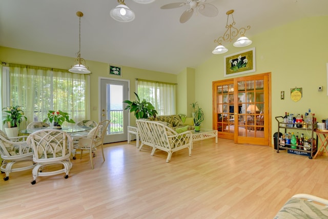 5 Yochers Ln, Derby, CT 06418 - living room featuring a ceiling fan, wood finished floors, vaulted ceiling, and french doors