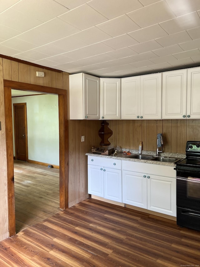 1092 Plainfield Pike, Sterling, CT 06373 - kitchen with black range with electric stovetop, a sink, wood walls, dark wood-style flooring, and white cabinetry