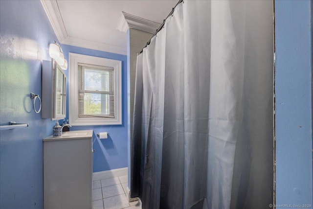 full bathroom featuring crown molding, tile patterned floors, vanity, baseboards, and curtained shower