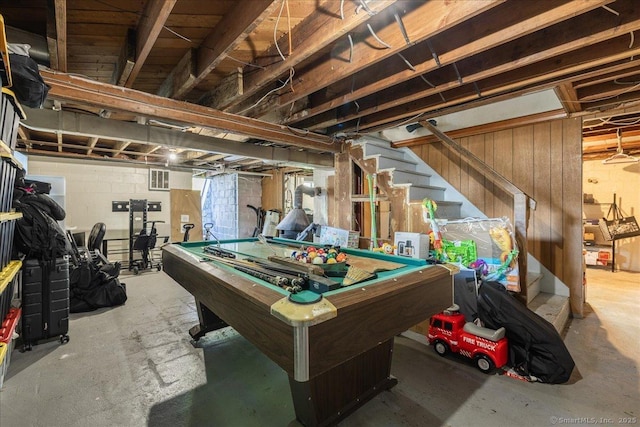 rec room with billiards, unfinished concrete flooring, and concrete block wall