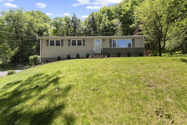 27 Scudder Rd, Newtown, CT 06470 - ranch-style home with a chimney, a front lawn, and entry steps