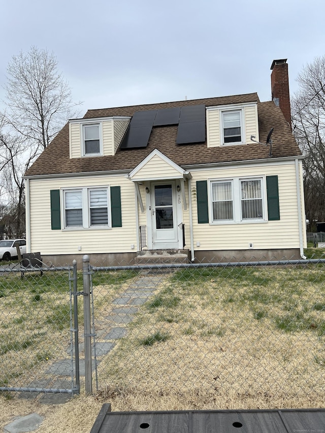 15 Michael Ave, East Hartford, CT 06111 - view of front facade with a gate, a chimney, roof with shingles, and solar panels
