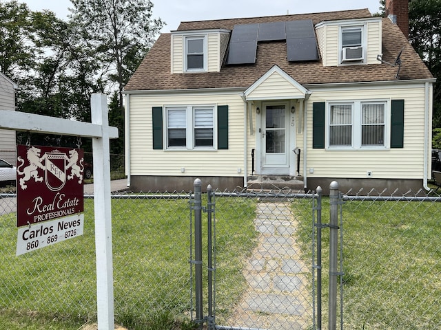 15 Michael Ave, East Hartford, CT 06111 - view of front of house featuring a fenced front yard, a gate, a shingled roof, a chimney, and cooling unit