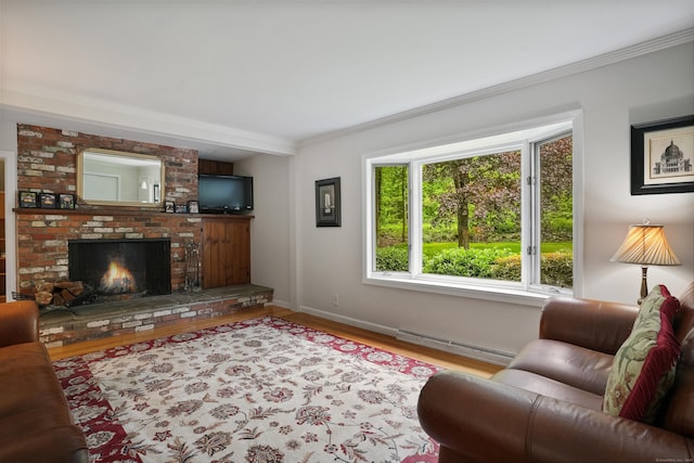 living area featuring a baseboard radiator, baseboards, wood finished floors, a fireplace, and ornamental molding
