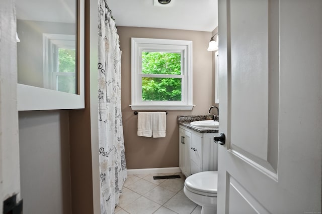 bathroom featuring vanity, toilet, tile patterned flooring, and baseboards