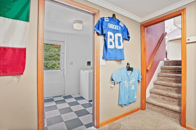 stairway featuring washer / clothes dryer, tile patterned floors, and crown molding