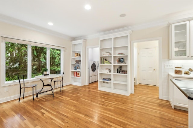 39 Gatewood Unit 39, Avon, CT 06001 - dining room featuring ornamental molding, light wood-type flooring, independent washer and dryer, recessed lighting, and baseboards