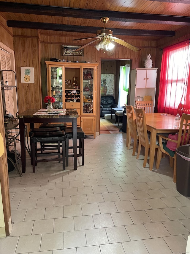 339 Washington Ave, West Haven, CT 06516 - dining area with wooden walls, beamed ceiling, wood ceiling, and ceiling fan