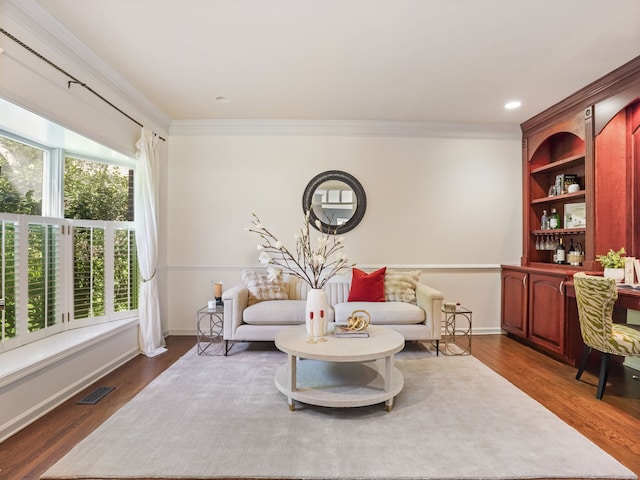 10 Wilton Hunt Rd, Wilton, CT 06897 - living area with ornamental molding, dark wood-style floors, and baseboards