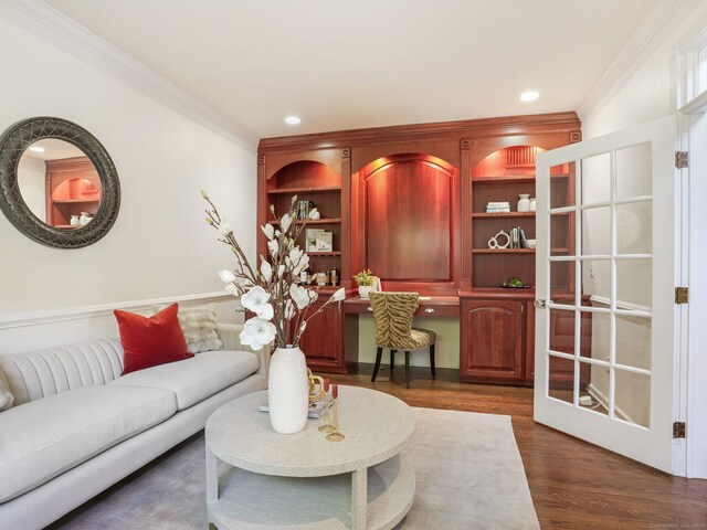 10 Wilton Hunt Rd, Wilton, CT 06897 - living area featuring crown molding, dark wood-style flooring, and recessed lighting