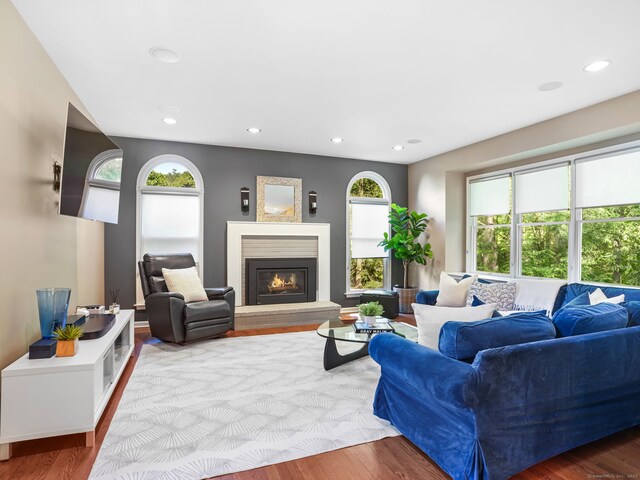 10 Wilton Hunt Rd, Wilton, CT 06897 - living area with a glass covered fireplace, recessed lighting, and wood finished floors