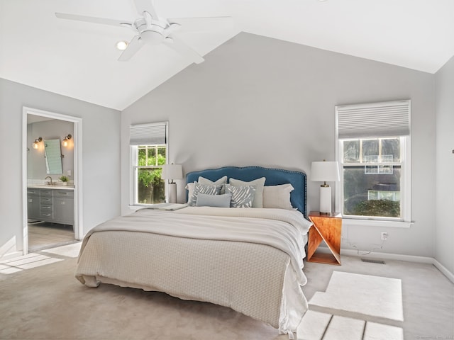 10 Wilton Hunt Rd, Wilton, CT 06897 - bedroom featuring light colored carpet, baseboards, ensuite bath, a ceiling fan, and high vaulted ceiling