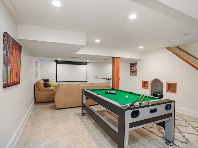 10 Wilton Hunt Rd, Wilton, CT 06897 - playroom featuring recessed lighting, baseboards, billiards, and light tile patterned floors