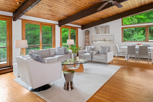 235 Whipstick Rd, Wilton, CT 06897 - living area featuring wood ceiling, wood finished floors, ceiling fan, and a baseboard heating unit