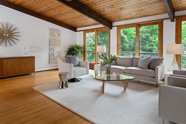 235 Whipstick Rd, Wilton, CT 06897 - living area featuring baseboard heating, wood finished floors, and a wooden ceiling with exposed beams
