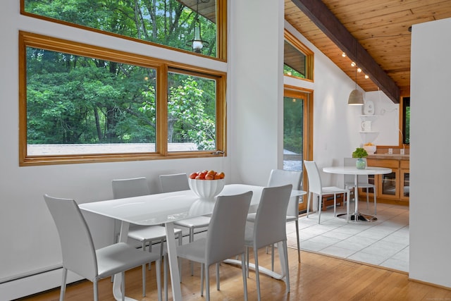 235 Whipstick Rd, Wilton, CT 06897 - dining space with wood ceiling, wood finished floors, and a baseboard heating unit