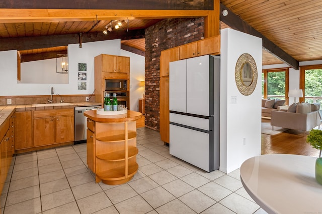 235 Whipstick Rd, Wilton, CT 06897 - kitchen with stainless steel appliances, wooden ceiling, open shelves, a center island, and light tile patterned flooring