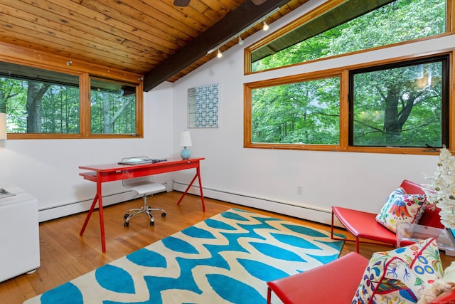 235 Whipstick Rd, Wilton, CT 06897 - home office with wood ceiling, wood finished floors, rail lighting, and a baseboard radiator