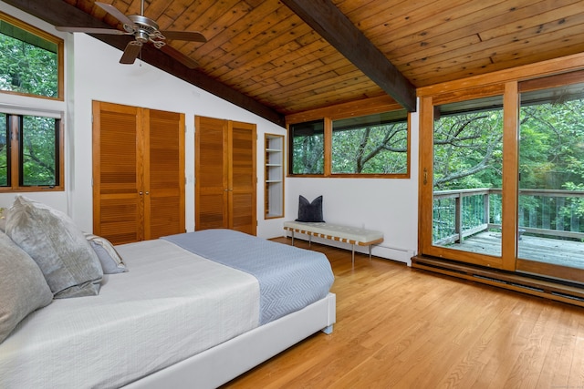 235 Whipstick Rd, Wilton, CT 06897 - bedroom with multiple closets, light wood-type flooring, wooden ceiling, access to outside, and a baseboard heating unit