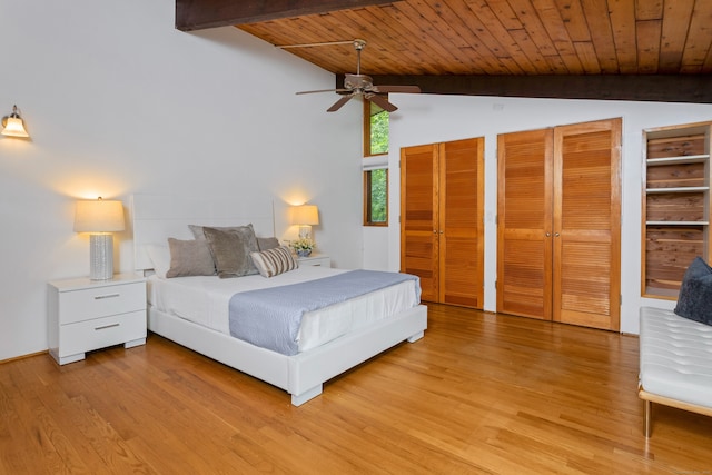 235 Whipstick Rd, Wilton, CT 06897 - bedroom with light wood-type flooring, a wood ceiling with exposed beams, multiple closets, and high vaulted ceiling