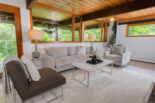 235 Whipstick Rd, Wilton, CT 06897 - tiled living area with a wooden ceiling with exposed beams and baseboard heating