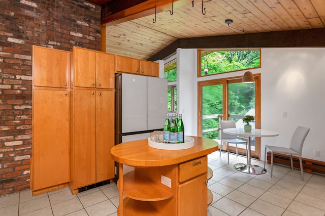 235 Whipstick Rd, Wilton, CT 06897 - kitchen featuring light tile patterned floors, a wood ceiling with exposed beams, open shelves, a center island, and brick wall