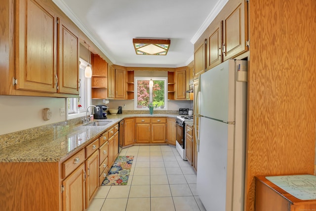 31 Hemlock Dr, Southington, CT 06489 - kitchen featuring white appliances, a sink, open shelves, light tile patterned flooring, and light stone counters